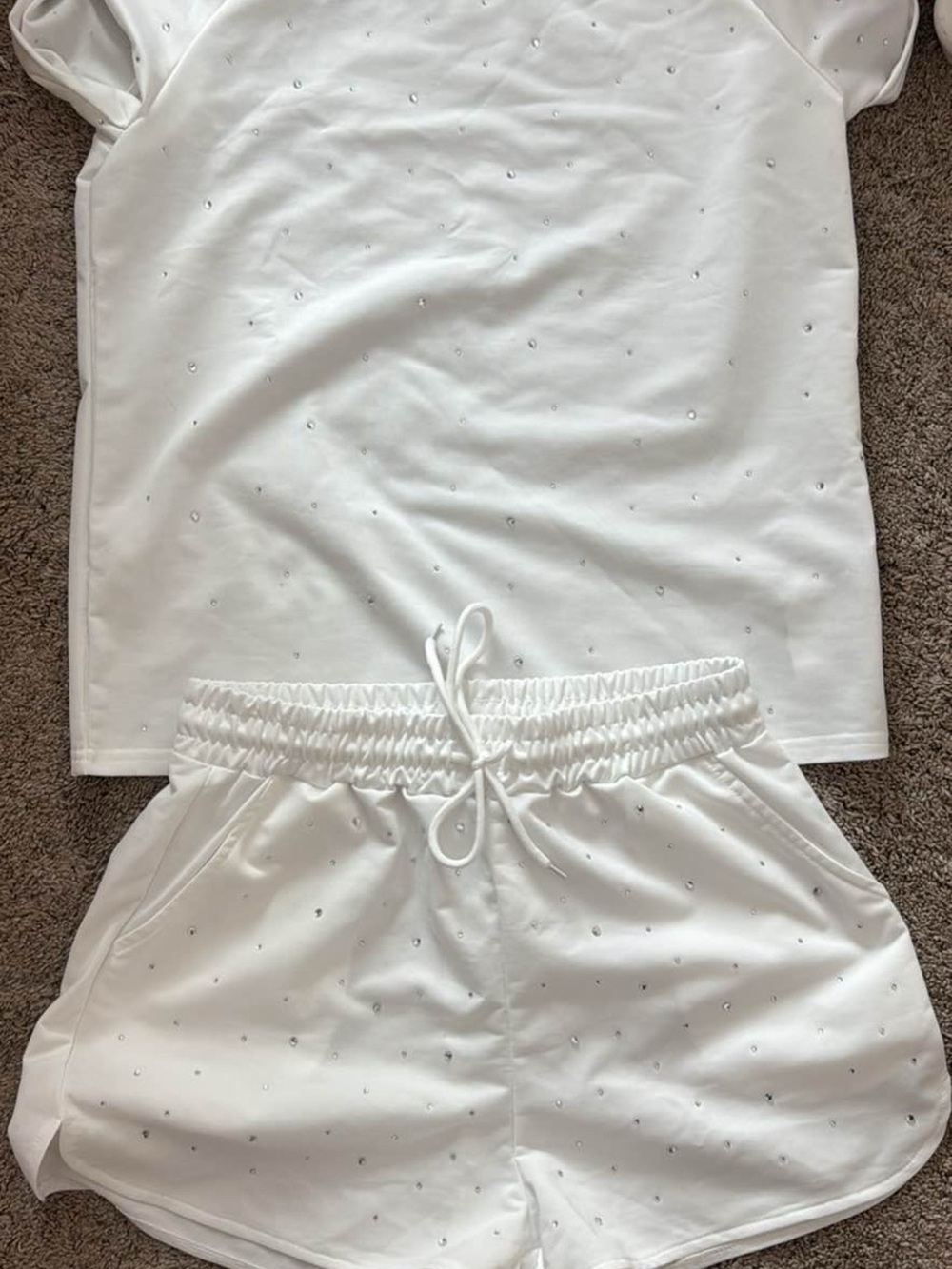 SHEIN White Short Sleeve Rhinestone Sleep Set